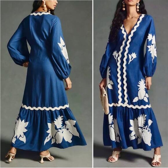 Farm Rio Embroidered Long Sleeve Linen Blue White Applique Maxi Dress - Picture 8 of 12